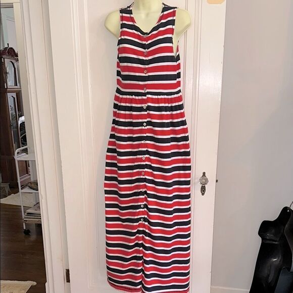 Vtg 90s Jones New York Sport Red, White & Black
 Striped Sleeveless Maxi Dress - Picture 1 of 12